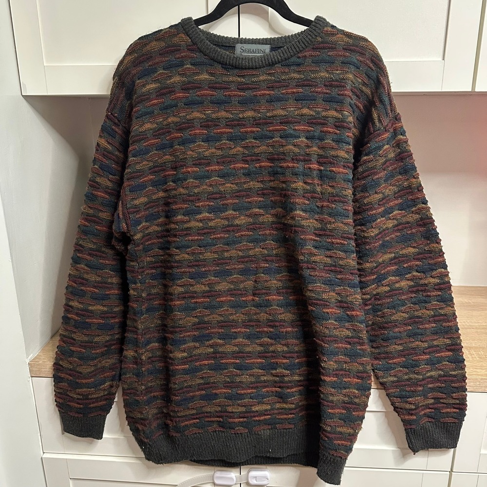 Vintage Serafini Coogi Syle 3D Textured Knit Hip Hop Abstract Sweater‎ Grandpa M